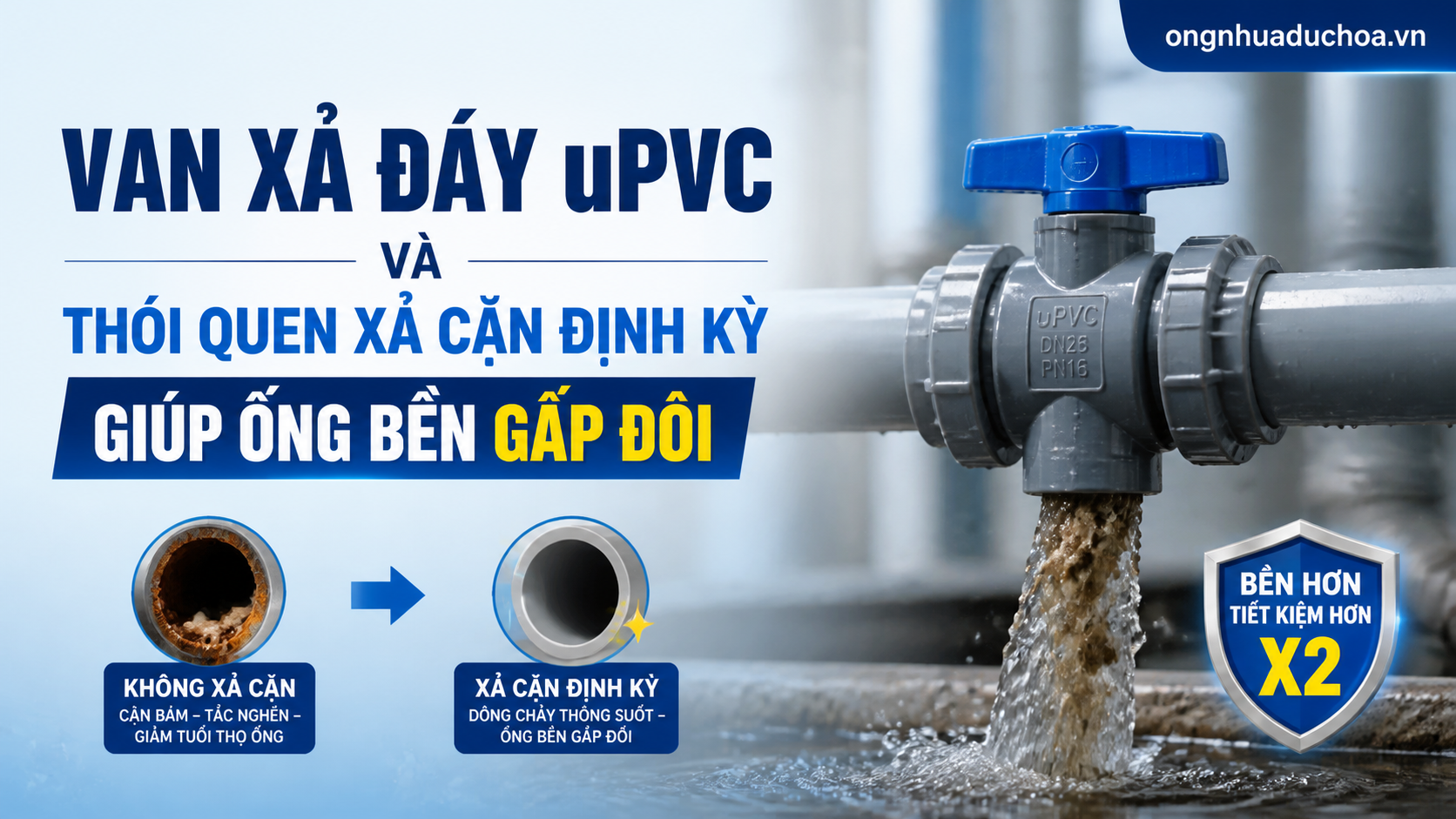 Van Xả Đáy uPVC Và Thói Quen Xả Cặn Định Kỳ Giúp Ống Bền Gấp Đôi